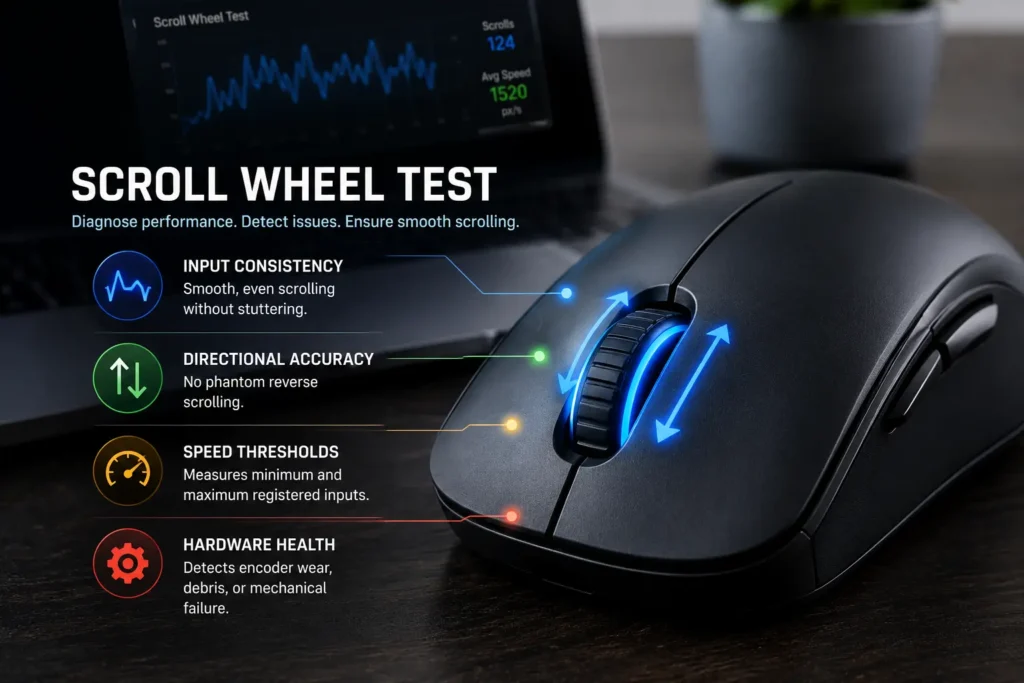 Free online mouse scroll wheel test tool showing scroll sensitivity measurement and consistency analysis